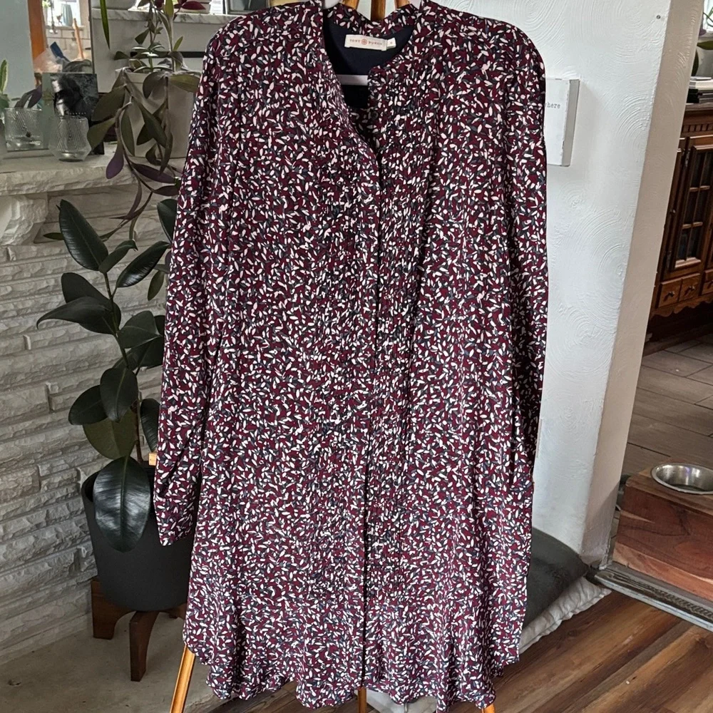 Tory Burch 100% Silk Confetti Patterned Dress Sz 12 Burgundy & Soft Gray